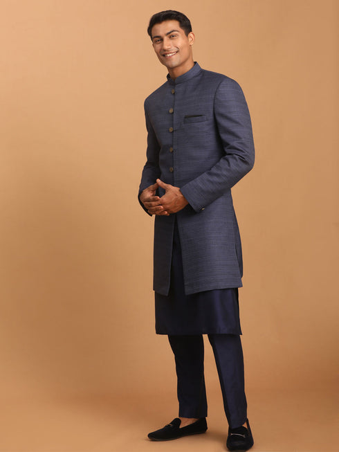 Vastramay Men's Navy Blue Sherwani With Kurta Pant Set